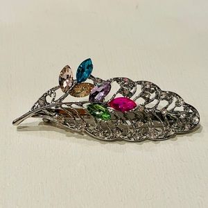 French Hair Clip: silver metal feather with gems